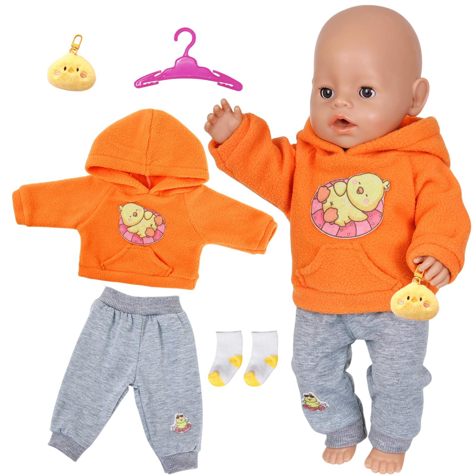 Baby Puppen Puppenkleidung für 30-43cm, 5 Stück Kleidung Outfits für 14-18 Zoll Zubehör 1 Kapuzenpullover 1 Jogginghose 1 Gummienten Spielzeug 1 Kleiderbügel 1 Socken Geburtstagsgeschenk für Mädchen