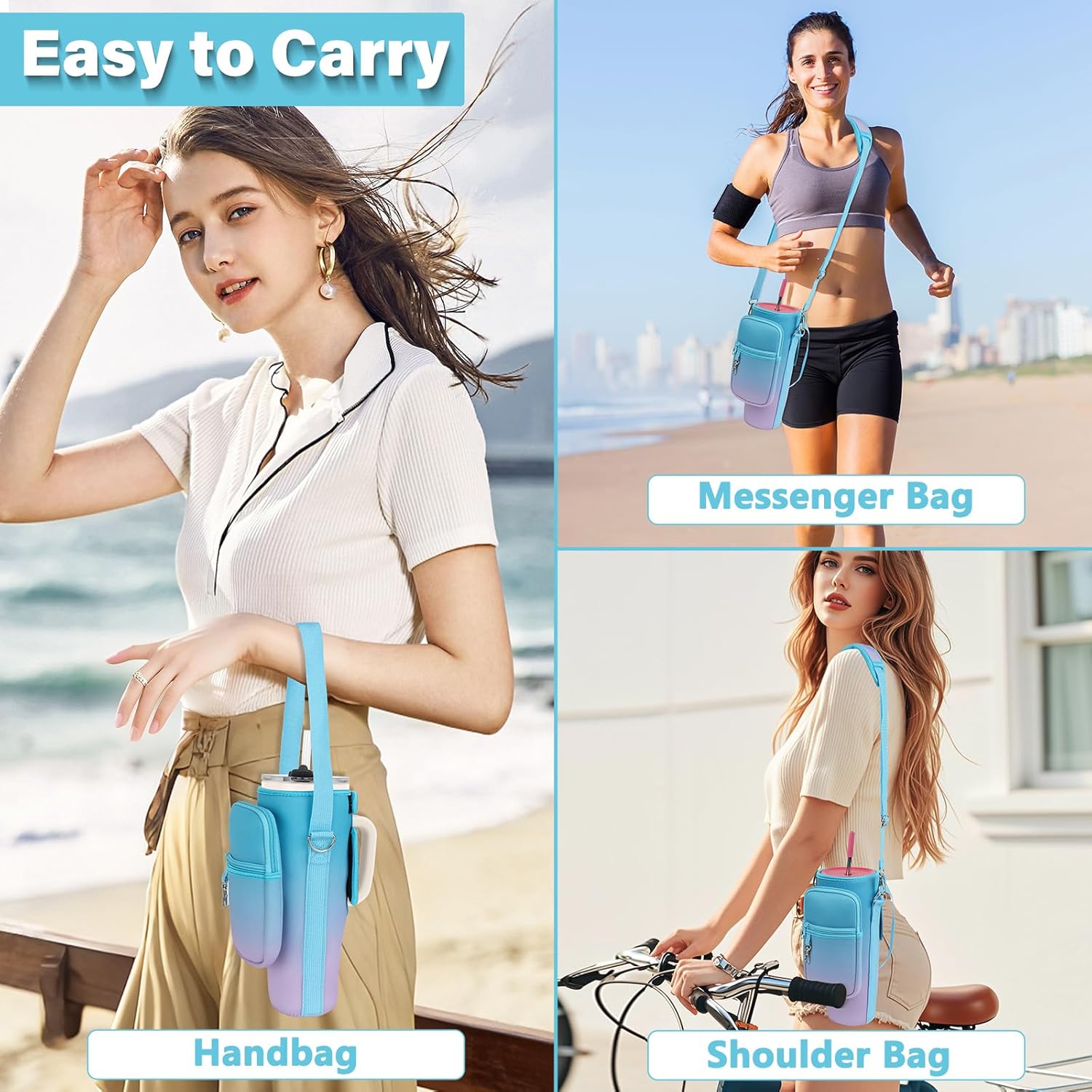 Water Bottle Carrier Bag with Phone Pocket Compatible with Stanley/Meoky 40 oz Tumbler with Handle,Water Bottle Holder Pouch with Adjustable Strap Compatible with Stanley Cup Accessories - Image 7