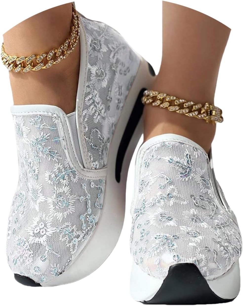 Women's Floral Embroidered Mesh Sneakers Breathable Wedge Sneaker