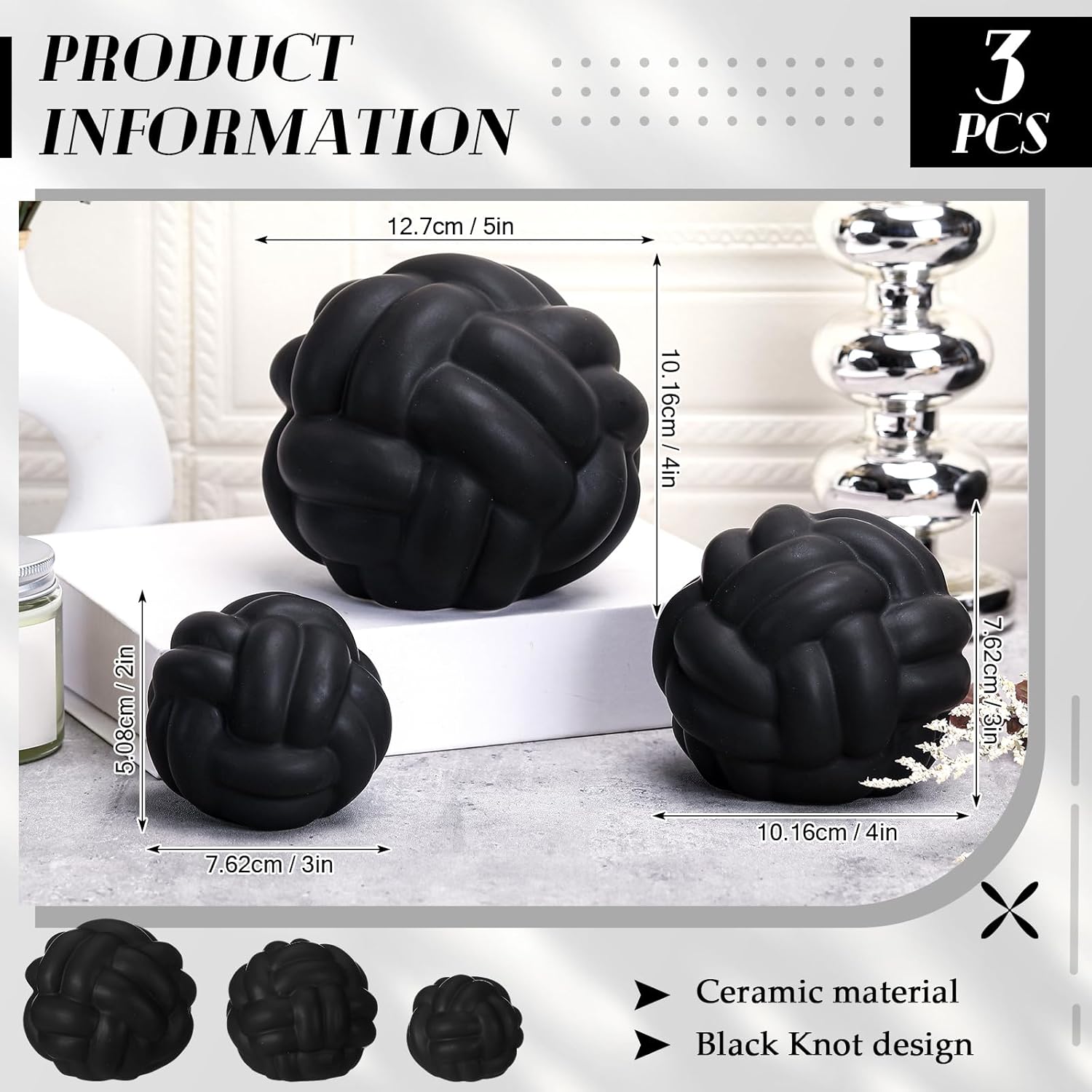 Wenqik Matte Black 3 Pcs Knot Decor, Chain Link Coffee Table Bookshelf Decor Accents, Entry Table Ceramic Aesthetic Minimalist Decorative Objects for Modern Home Living Room Decoration 3 Sizes