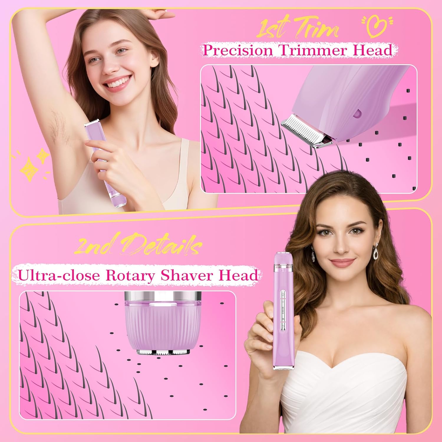 2 in 1 Personal Shaver for Women Pubic Hair Bikini Trimmer for Ladies Electric Razor, Waterproof Wet & Dry Rechargeable Facial & Body Hair Remover for Underarm, Leg, Arm, Face, Women Grooming Tool