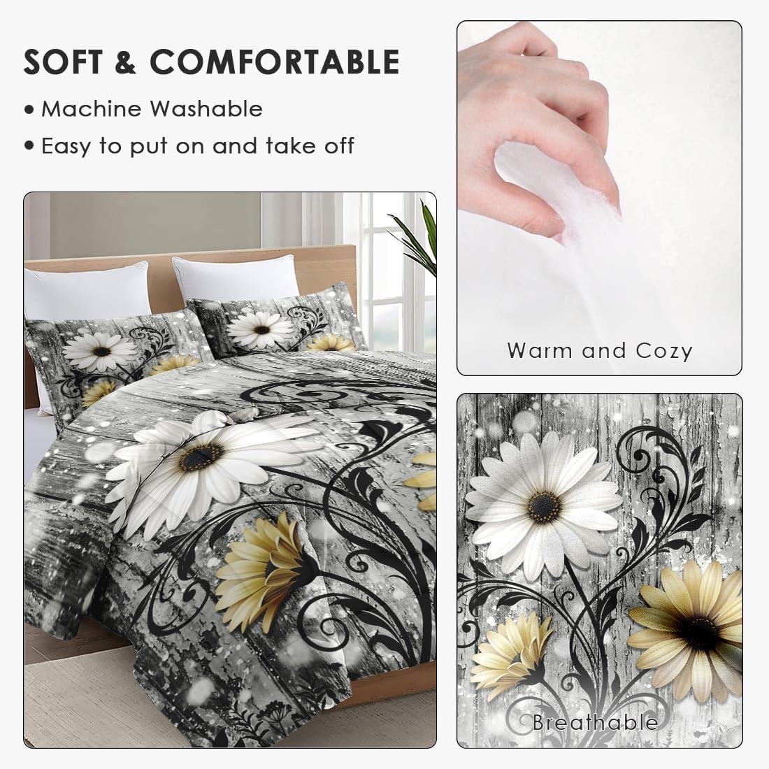 WeCozy 3 Pcs Queen Size Comforter Set with 2 Pillowcases, Daisy Butterfly Farmhouse Soft Bedding for Kids and Adults, Rustic Floral Retro Comforter Set for Room Bedroom Bed Decor