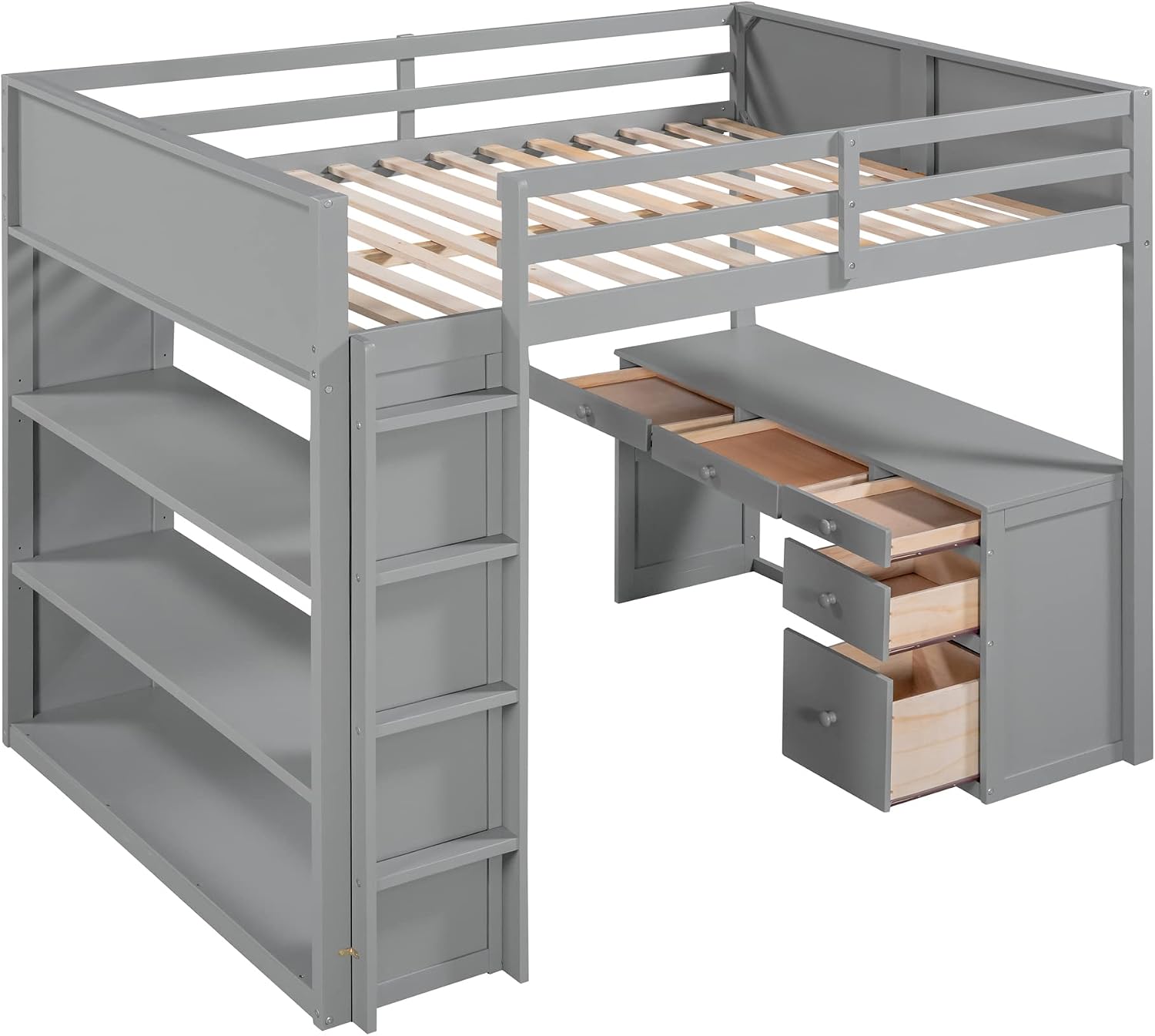 Full Loft Bed with Desk and Four Storage Shelves and 5 Drawers, Wood Loft Beds Frame with Bookcase and Ladder, Modern High Loft Bed for Kids Boys Girls Teens, Full Size, Gray