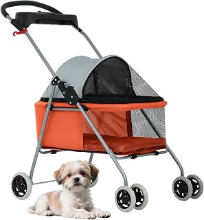 BestPet Foldable Pet Stroller for Small/Medium Dogs and Cats Up to 33 lbs | 4-Wheel Stroller Pet Strolling Cart w/ Breathable Mesh, Lockable Rear Wheels, Cup Holder/Tray & Storage Box, Orange