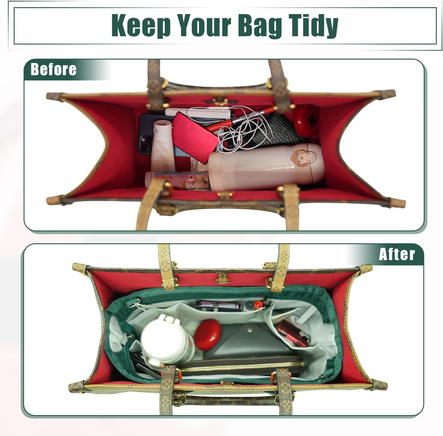 D.DUO Bag Organizer Insert, Crossbody Bag, Tote Organizer Insert with Adjustable Bag Strap, Waterproof Nylon Purse Inserts (Green, XL)