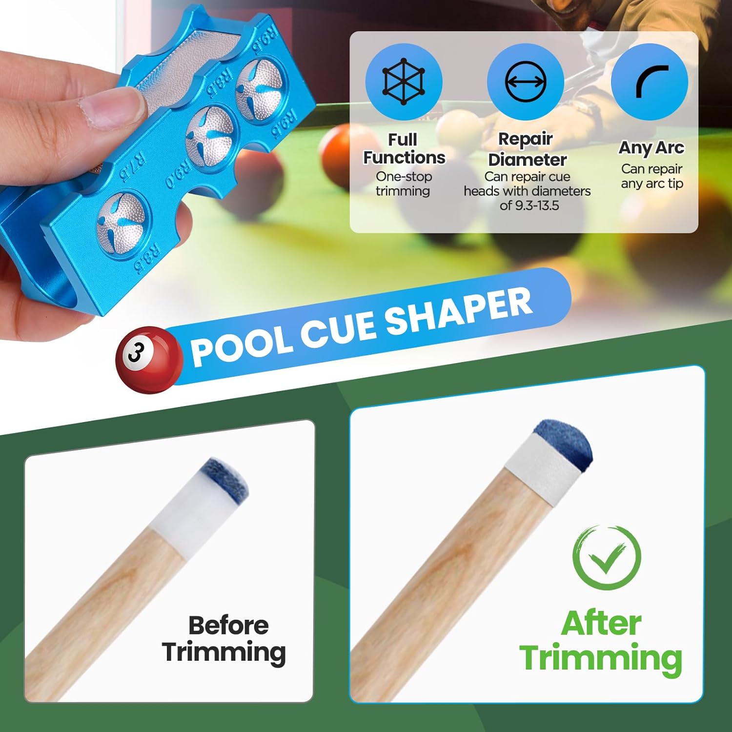 11-in-1 Aluminum Alloy Pool cue Tips Replacement kit,Pool cue tip Shaper,Professional Cue Stick Tool Kit,Pool cue Shaper Accessories for Replacement and Shaping Cue Tips (Blue)