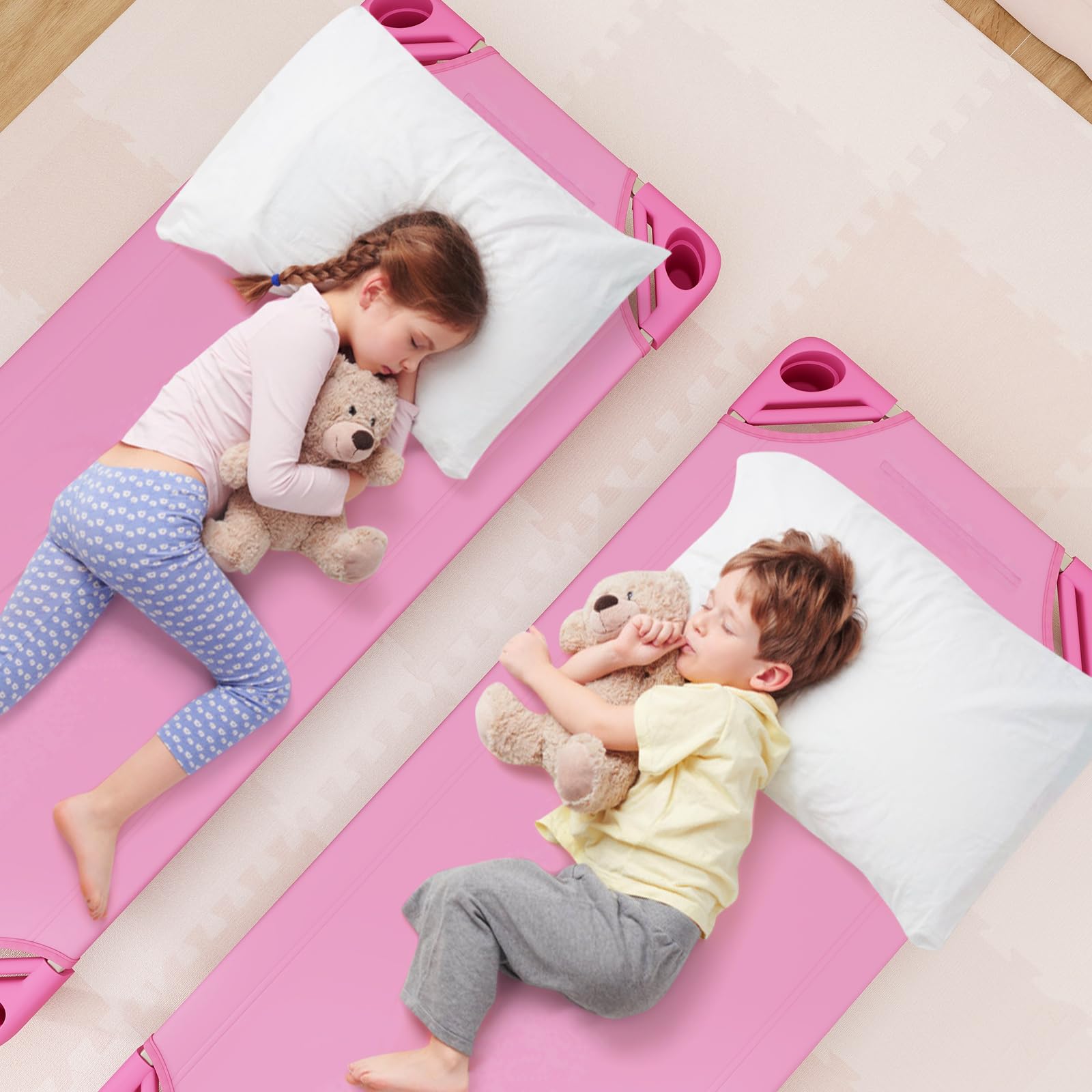 CHEFJOY Daycare Cots, 6-Pack Stackable Nap Bed Cot with Easy Lift Corners, Portable Children Sleeping Cots for Preschool Classroom, Nursery, Ready-to-Assemble (Pink)