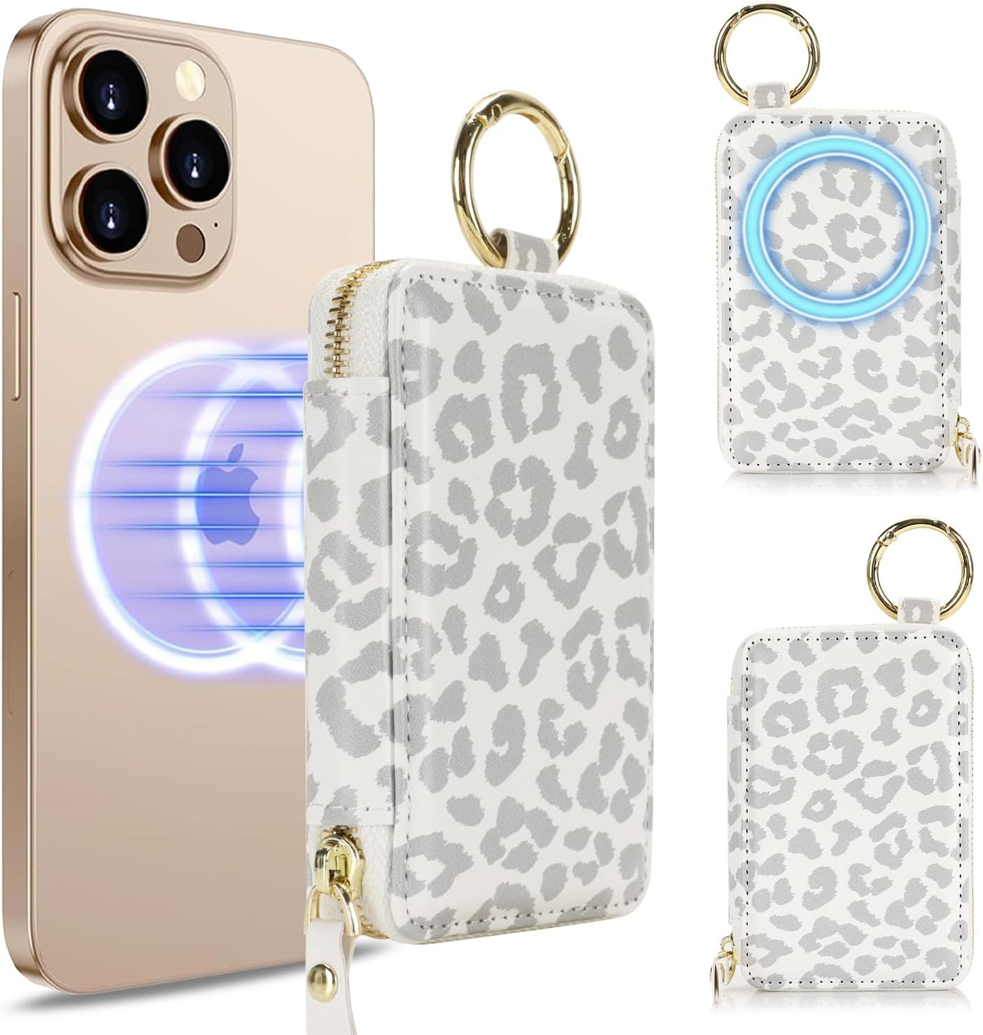 Compatible with MagSafe Wallet,Magnetic Phone Wallet Card Holder for iPhone 17/16 Pro Max/15 plus/14 Pro/13/12 Series,PU Leather Zipper Pocket Adjustable Stand-White Leopard - Image 9