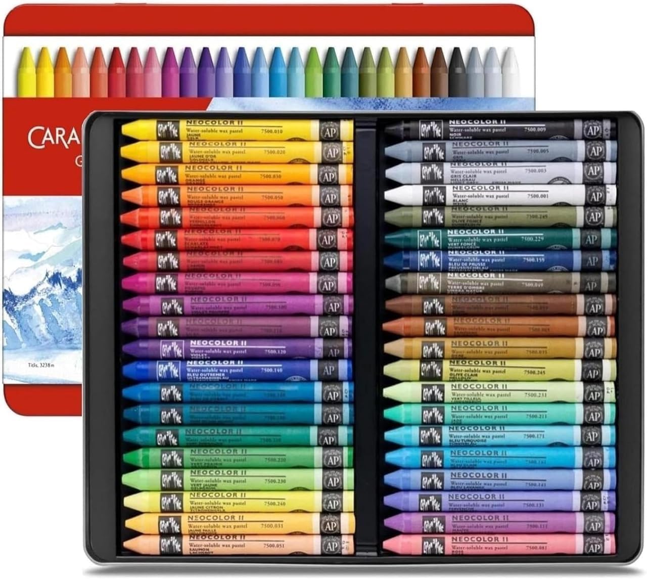 Caran d'Ache Neocolor II, Wachspastellkreiden, Aquarellstifte, 40 Stück und 1 EMI Craft Postkarte