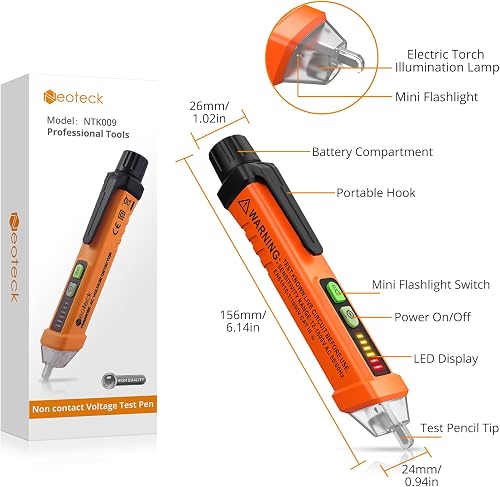Neoteck Détecteur de Tension Sans Contact 12-1000V, Test de Fil de Phase/Neutre, Buzzer Sonore & Lumineux, Lampe de Poche, AC 50-500Hz, Stylo Testeur de Tension NCV - 8