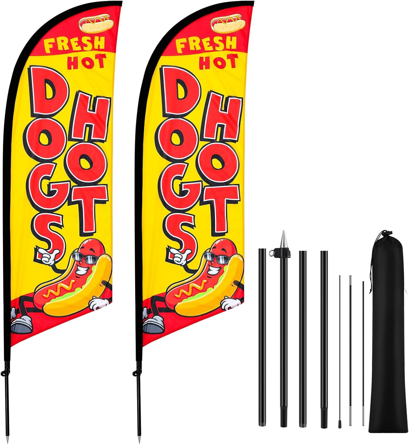 2 Set Hot Dogs Feather Flag Kit, 8ft Advertising Swooper Flag Banner with Pole and Ground Stake for Business Restaurant Advertising Banner for Outside Ground