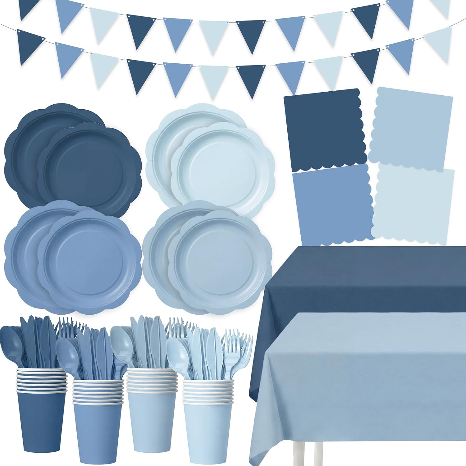 392 Pcs Dusty Blue Party Supplies for 48 Guests, Gradient Blue Scalloped Paper Plates Napkins Cups Tablecloth Banner Tableware for Birthday Wedding Bridal Baby Shower Party Decorations