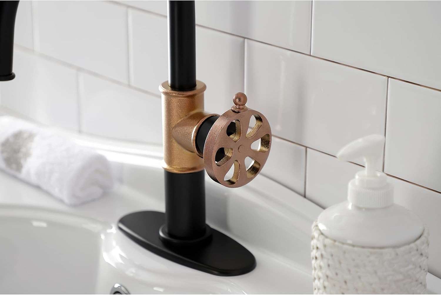 Kingston Brass KSD2237RX Belknap Single-Handle Bathroom Faucet with Push Pop-Up, Matte Black/Rose Gold