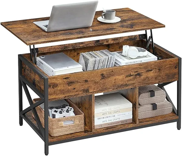 VASAGLE Lift Top Coffee Table, Lift Coffee Table with Storage Shelf, Hidden Compartments and Lifting Top, for Living Room, Office, 19.7 x 39.4 x (19.3-24.4) Inches, Rustic Brown and Black UL