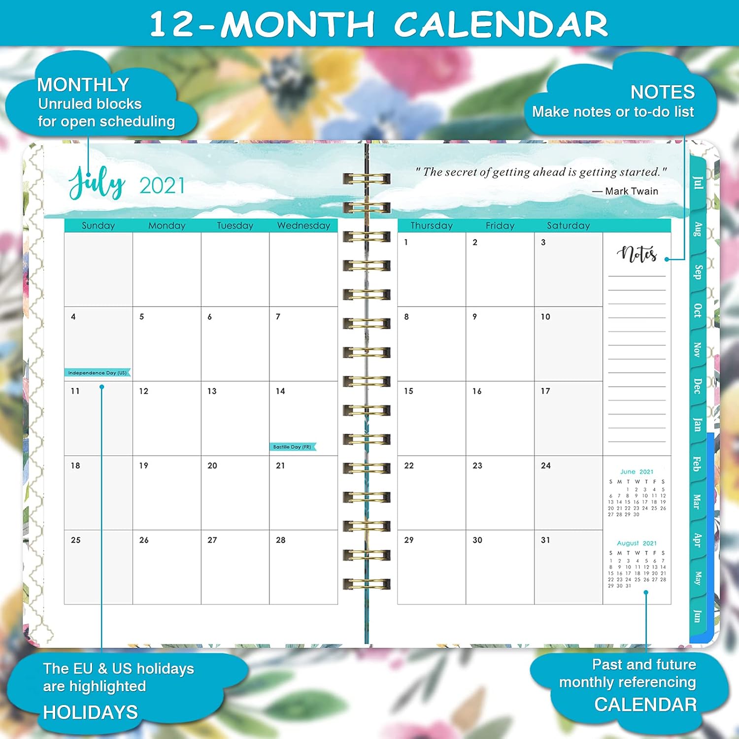 2021-2022 Planner - Academic Planner 2021-2022 Weekly & Monthly with Tabs, 6.3" x 8.4", Jul. 2021 - Jun. 2022, Hardcover with Back Pocket + Thick Paper + Twin-Wire Binding - Watercolor Floral