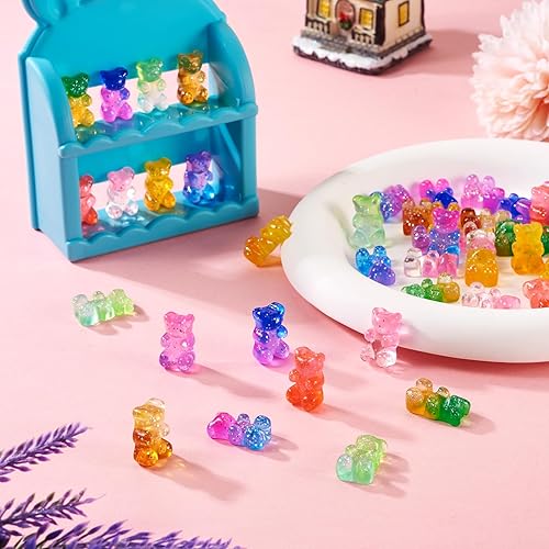 Miniatura 7 de Craftdady 45 cabujones de oso de resina con purpurina en polvo de 9 colores, cuentas de animales con parte trasera plana, dos tonos, sin agujero,