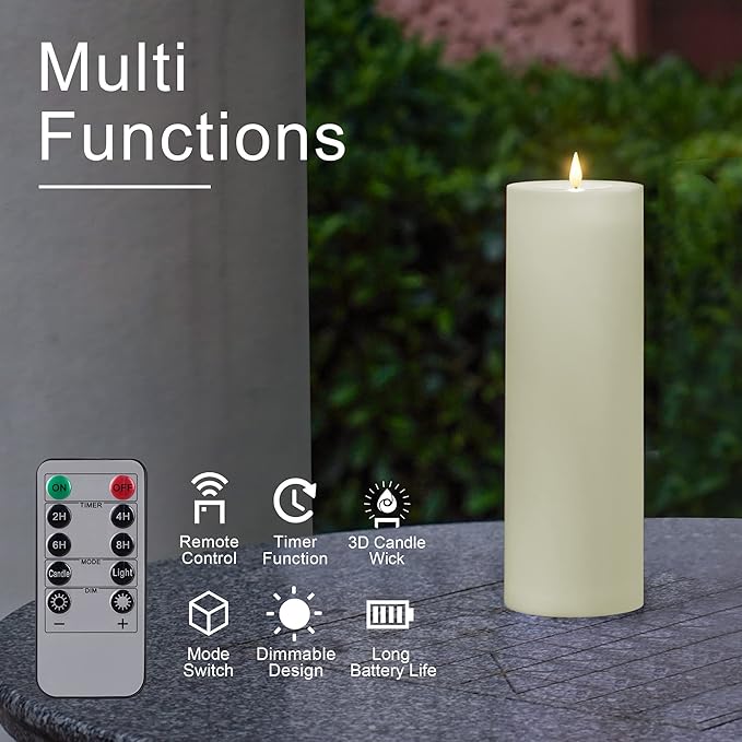 Patiphan Large Flameless LED Candle Outdoor: 12" x 4" Battery Operated Pillar Candle Flickering with Timer Waterproof Fake Electric Candles with Remote for Patio Porch Lanterns (Ivory) photo 3