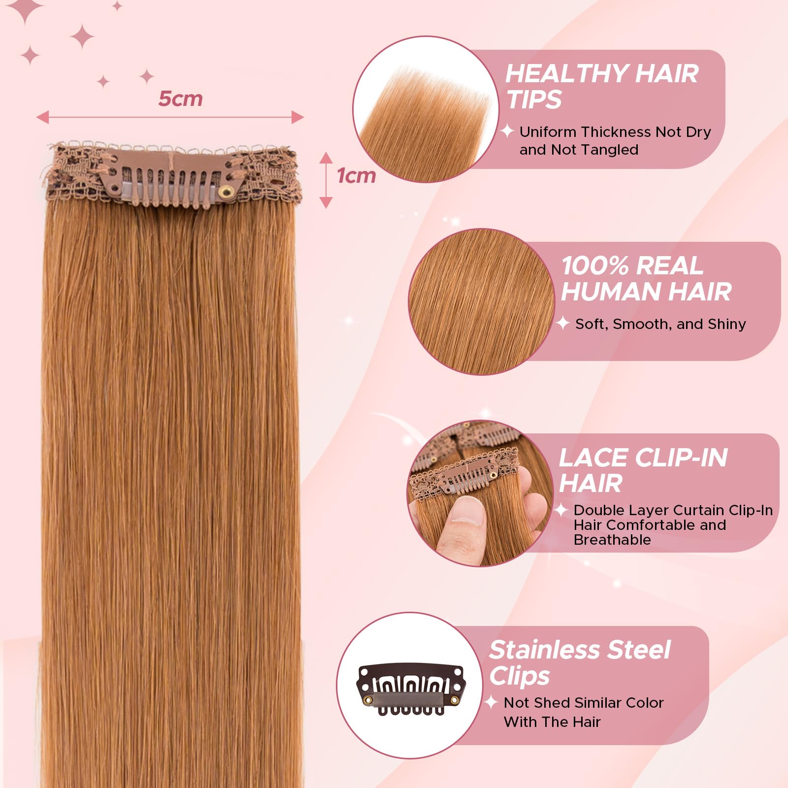 SEGOHAIR Clip in Hair Extensions Real Human Hair 6Pcs Light Auburn Double Weft Hairpieces Straight Highlights Hair Extensions Clip in Seamless 14inch 36g - Image 3