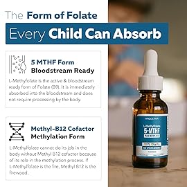 Organic Kids Methylfolate + Methyl B12 Cofactor - Flavorless, Sublingual Form - 5-MTHF Form, Superior Form of Folate - Adjustable Dosing for All Ages - Mood, Behavior, Cognition - 1 oz.