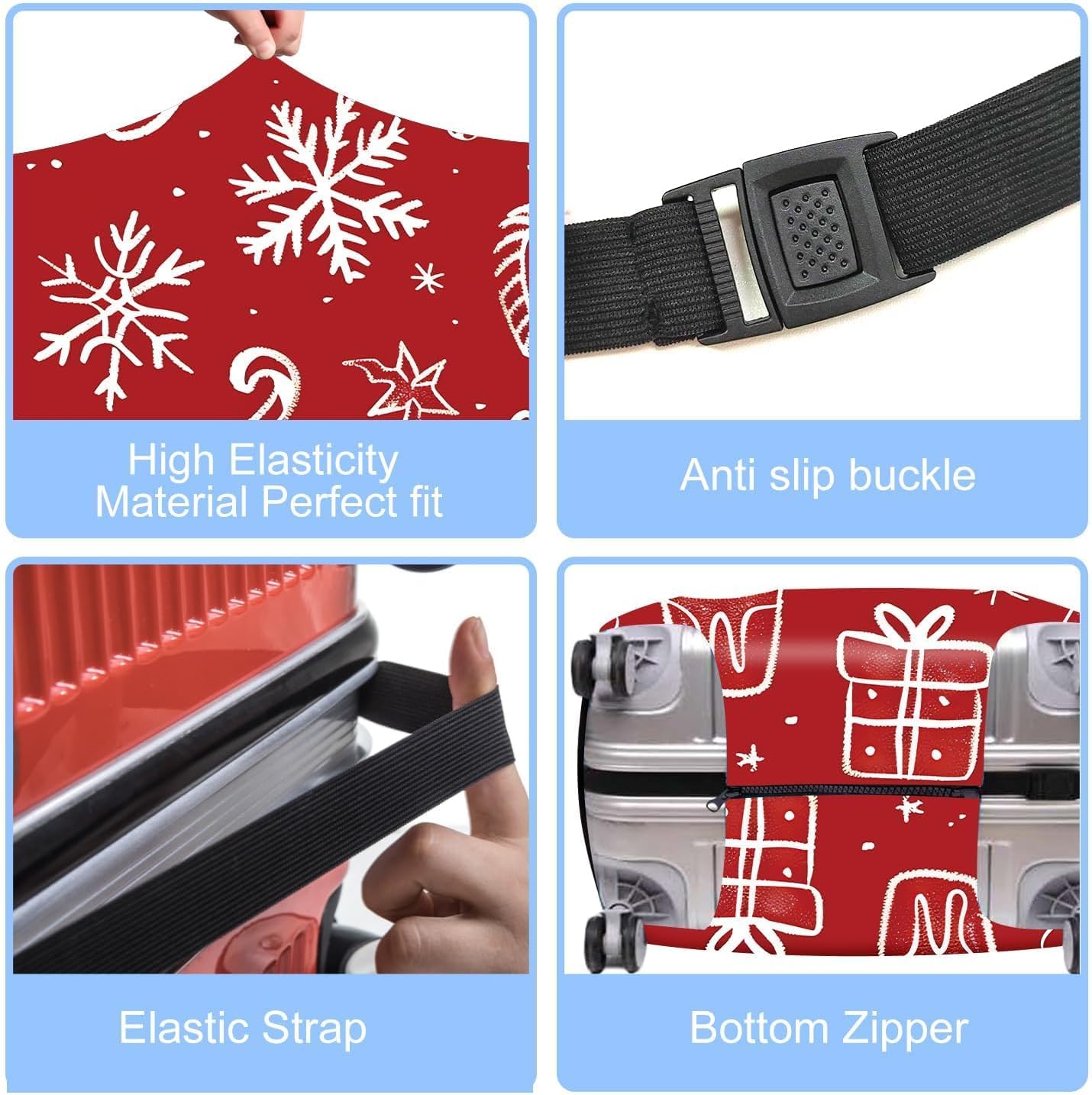 Red Christmas Luggage Cover – Snowflake & Candy Cane Suitcase Protector, Holiday Travel Luggage Sleeve, Stretchable & Waterproof,XL