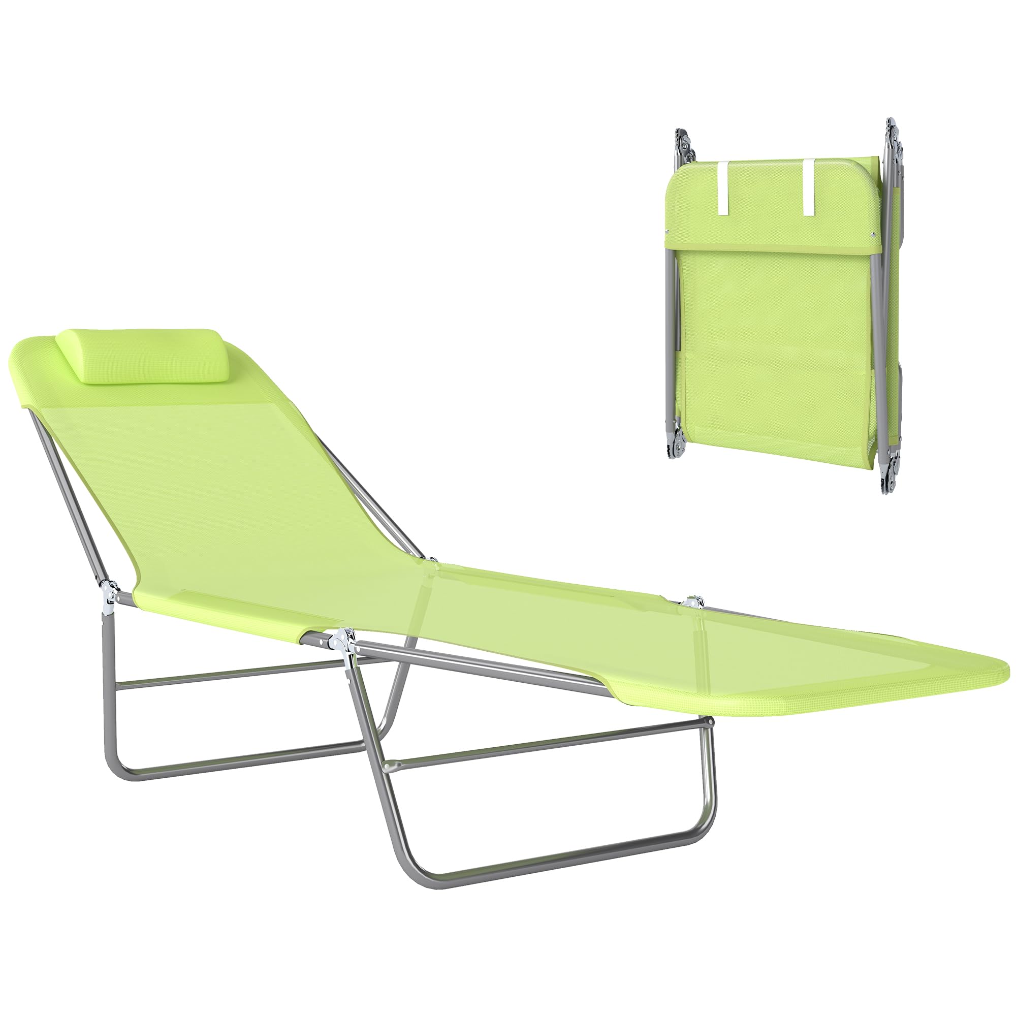 Outsunny Folding Sun Lounger for Garden, Texteline Reclining Sun Bed with 5 Position Adjustable Backrest, Headrest, Portable Garden Lounger Recliner Chair for Beach, Patio, Camp, Green — image 1