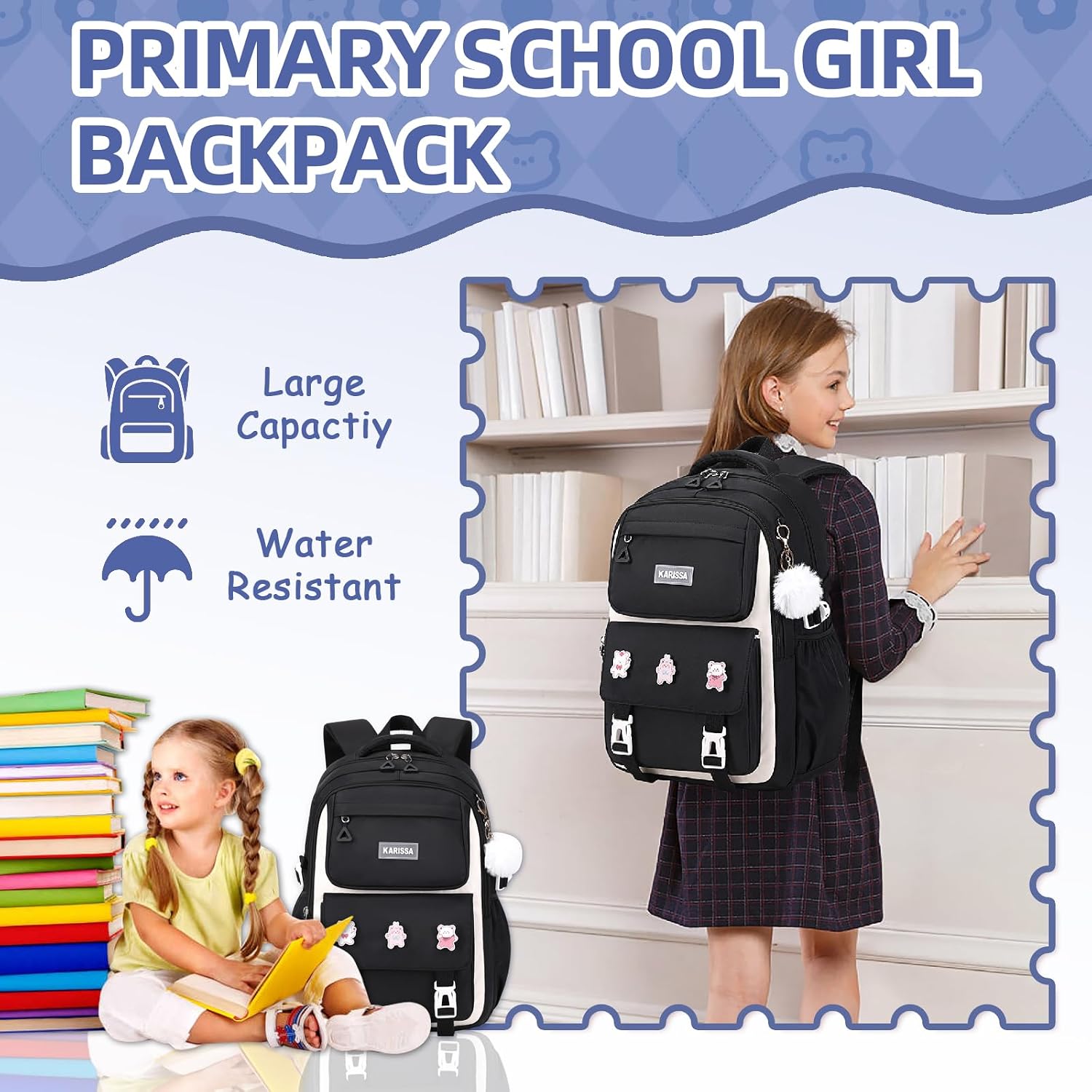 PIG PIG GIRL Girls Backpack, Kids Backpack for Girls with Anti-theft Back Pocket, Lightweight School Back Pack, Watrer Resistant, Bookbag for Elementary Primary School, Black