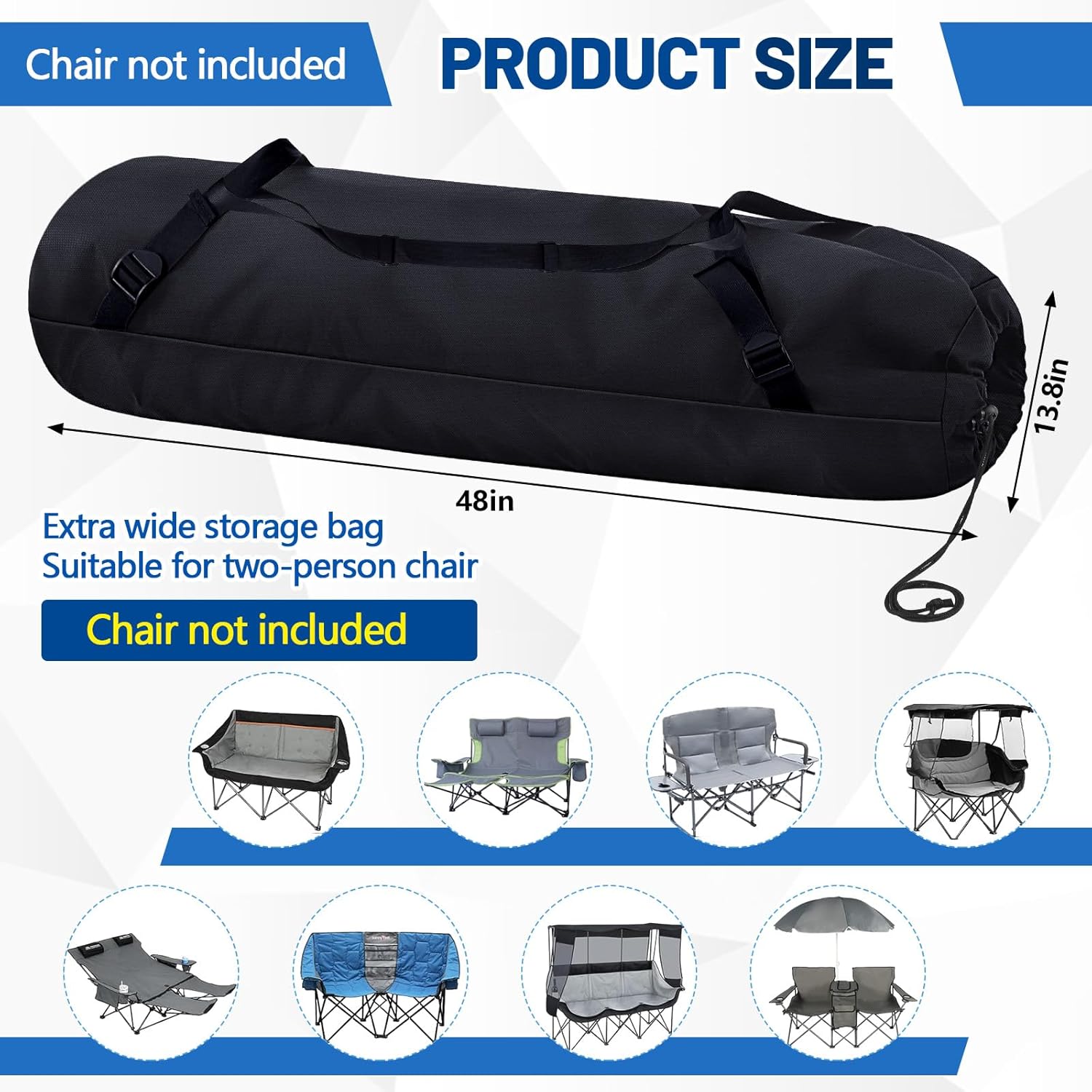 Double Camp Chair Replacement Bag, 48 Inches Heavy Duty Large Storage Bag, Nylon Folding Carry with Shoulder Strap Heavy Duty for Outdoor Camping Travel (Chair is Not Included)(Black)