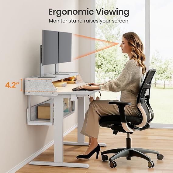 ErGear Electric Standing Desk, 48x24 Inch Adjustable Sit Stand Desk with Bookshelf & Monitor Stand, Standing Gaming Desk with LED Light Strip, Stand Up Desk for Home Office, White