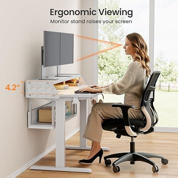 ErGear Electric Standing Desk, 48x24 Inch Adjustable Sit Stand Desk with Bookshelf & Monitor Stand, Standing Gaming Desk with LED Light Strip, Stand Up Desk for Home Office, White