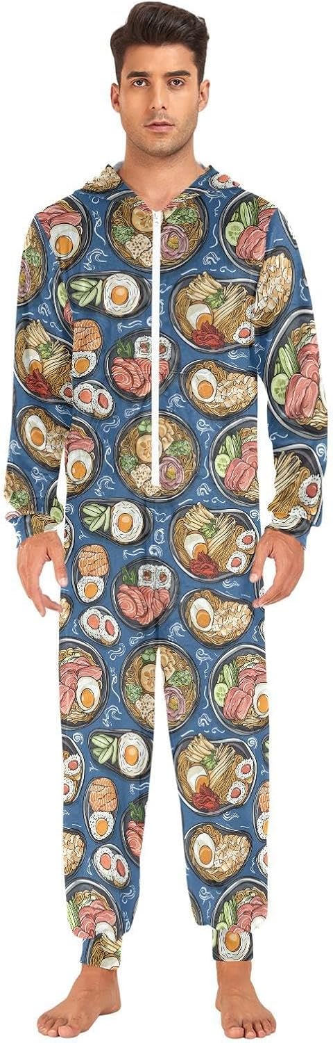 ZZKKO Japanese Ramen Rustic Blue Adult Onesie Pajamas for Women Men Cozy One Piece Pajamas Costume Zip-Up Hooded S-XL