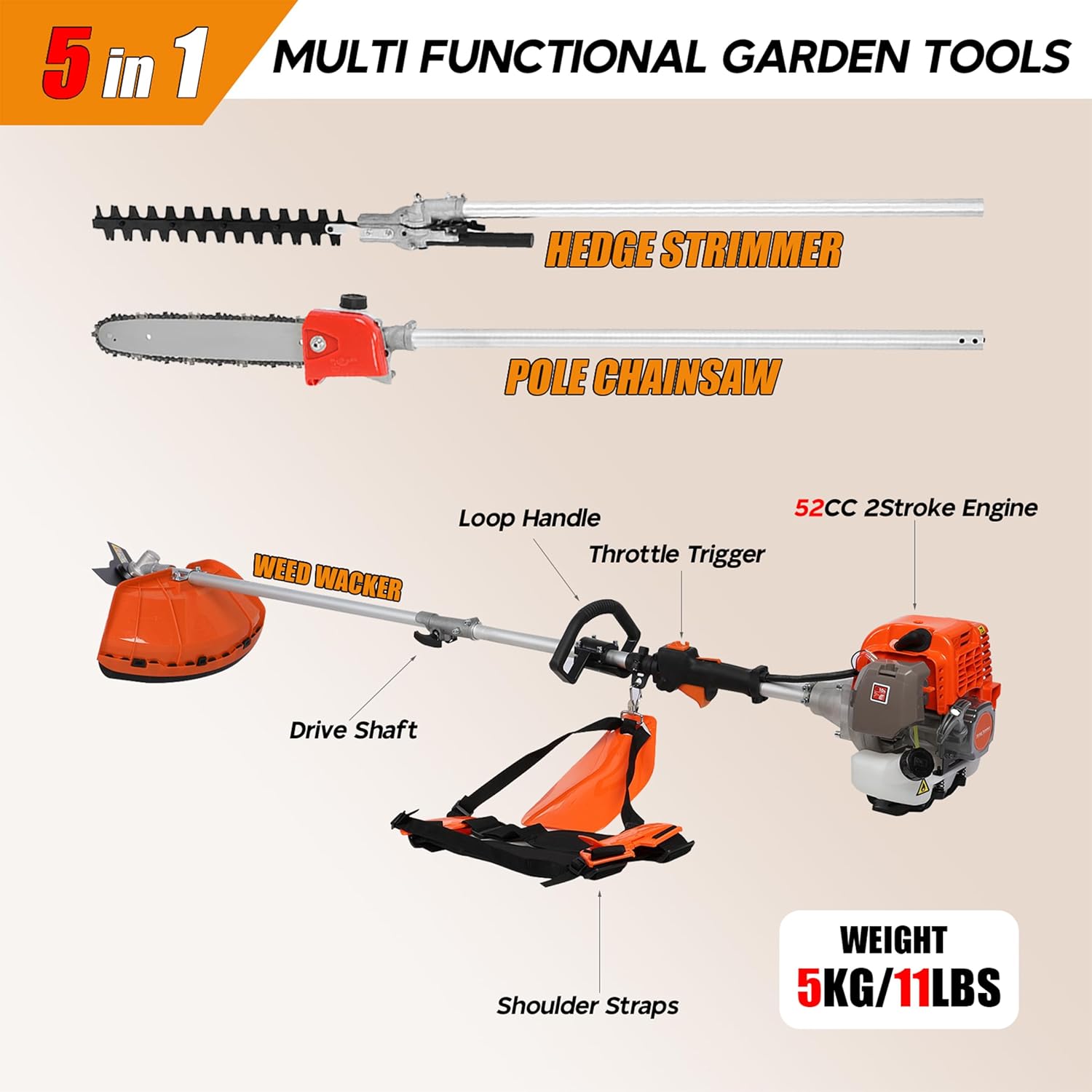 5 in 1 Gas Weed Eater, 52cc 2-Cycle Grass Trimmer & Hedge Trimmer, Brush Cutter, Weed Wacker Gas Powered, Pole Saw with Extension Pole, String Trimmer for Home, Garden, Lawn Care (Orange)