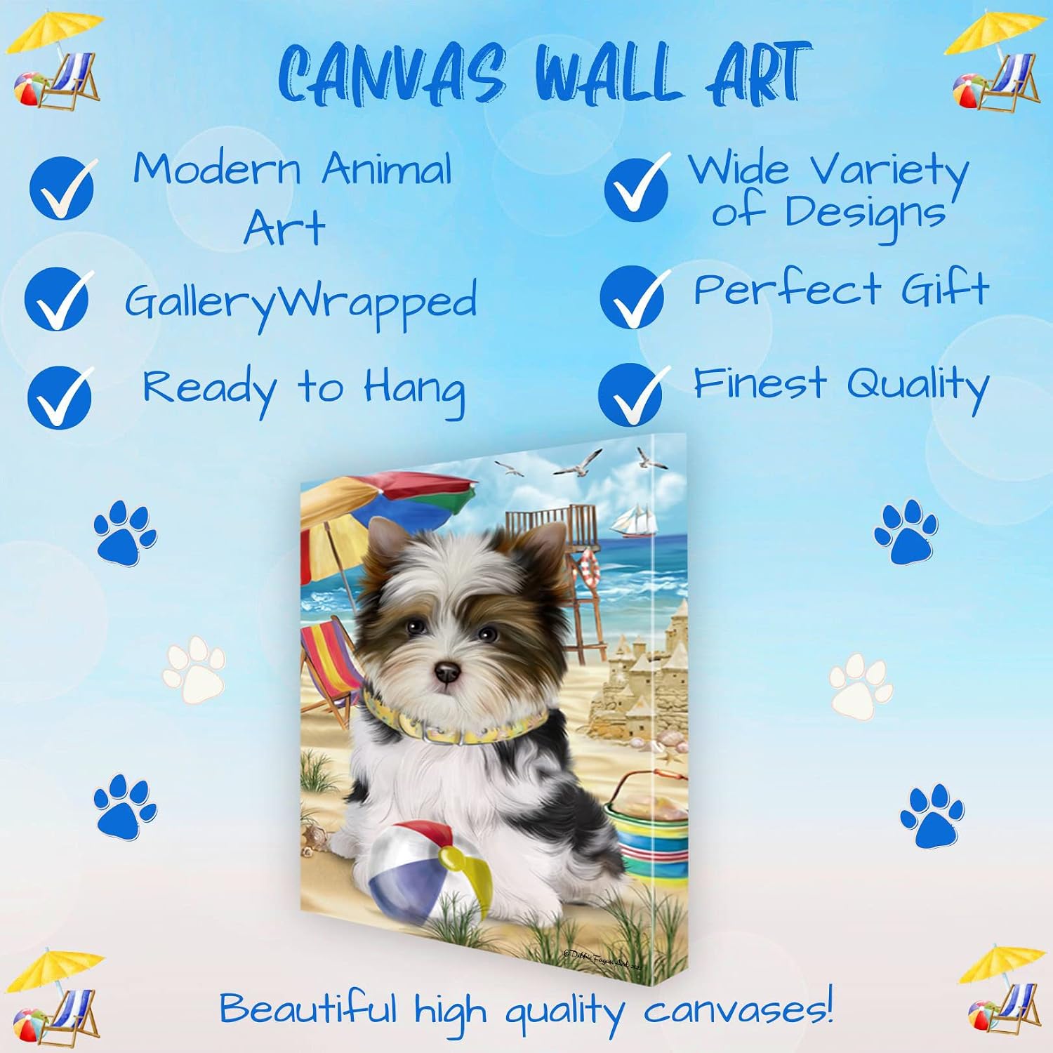 Doggie of the Day Pet Beach with Biewer Terrier Dogs Canvas Wall Art - Premium Quality Ready to Hang Room Decor - 1.5" Thick Canvas Wrap 11" x 14"