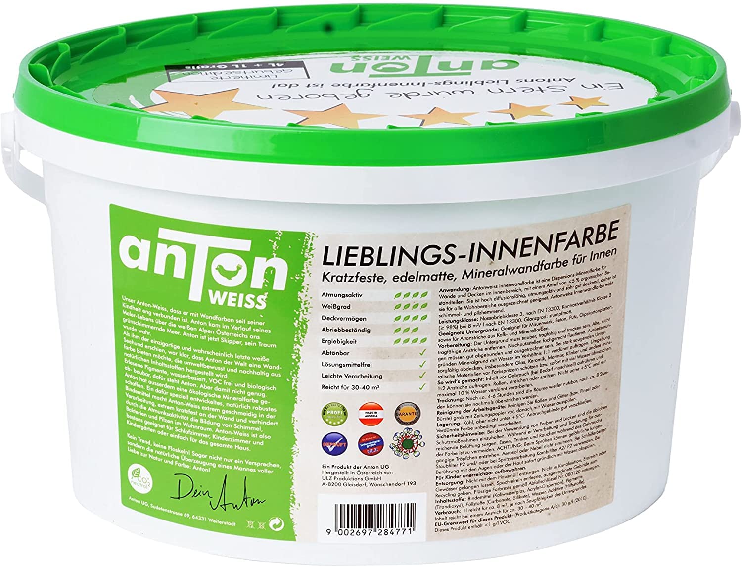 Anton Weiss® Mineral Wandfarbe der Spitzenqualität weiss (10 Liters)