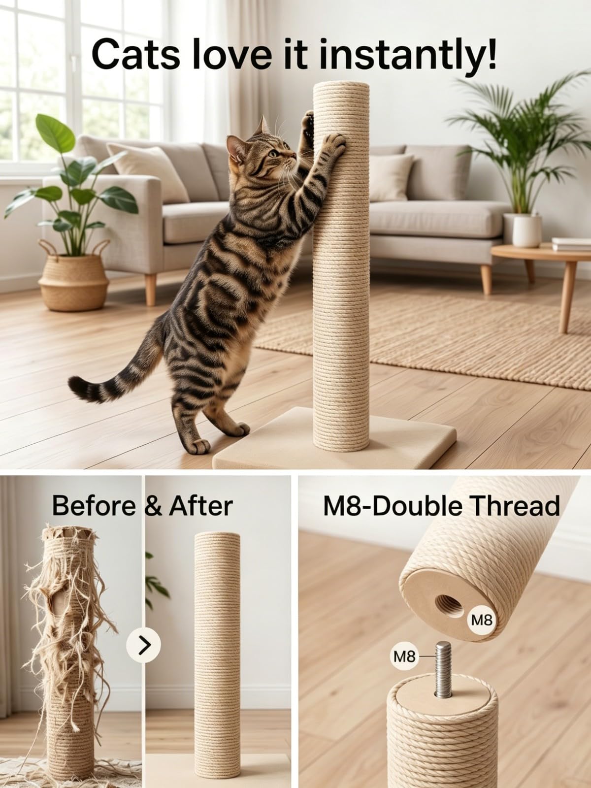 Poteau Griffoir Chat de Remplacement en Sisal Naturel - 34 cm, Compatible M8, Écologique - 2 Pièces avec Vis et Clé