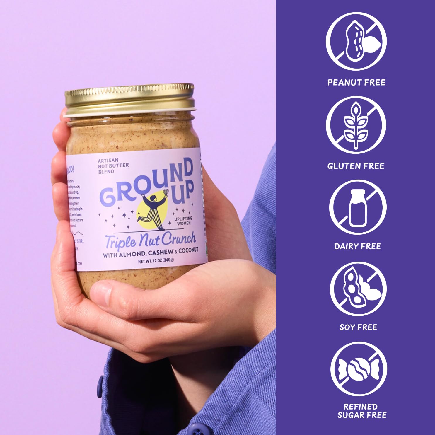 Ground Up Almond & Cashew Nut Butter - Triple Nut Crunch & Snickerdoodle Variety Pack - Peanut-Free, Dairy-Free, Gluten-Free, Vegan - 2 Jars 12oz