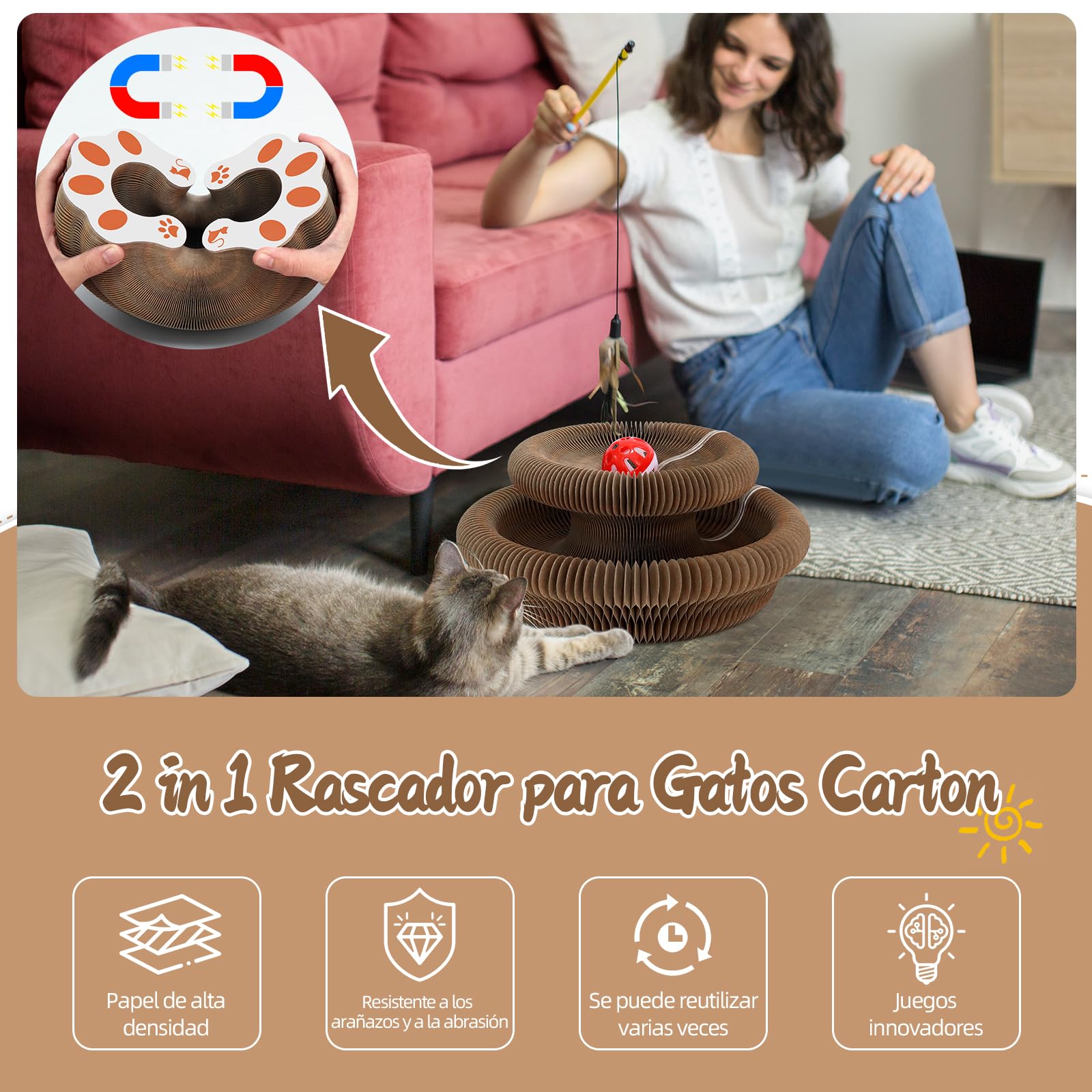 Mittimiya Rascador para Gatos Carton, 2 en 1 Magic Organ Cat Scratching Board Plegable, Cat Scratcher con Bola de Juguete, Tabla de Rascar para Gatos de Cartón Corrugado para Interiores y Exteriores