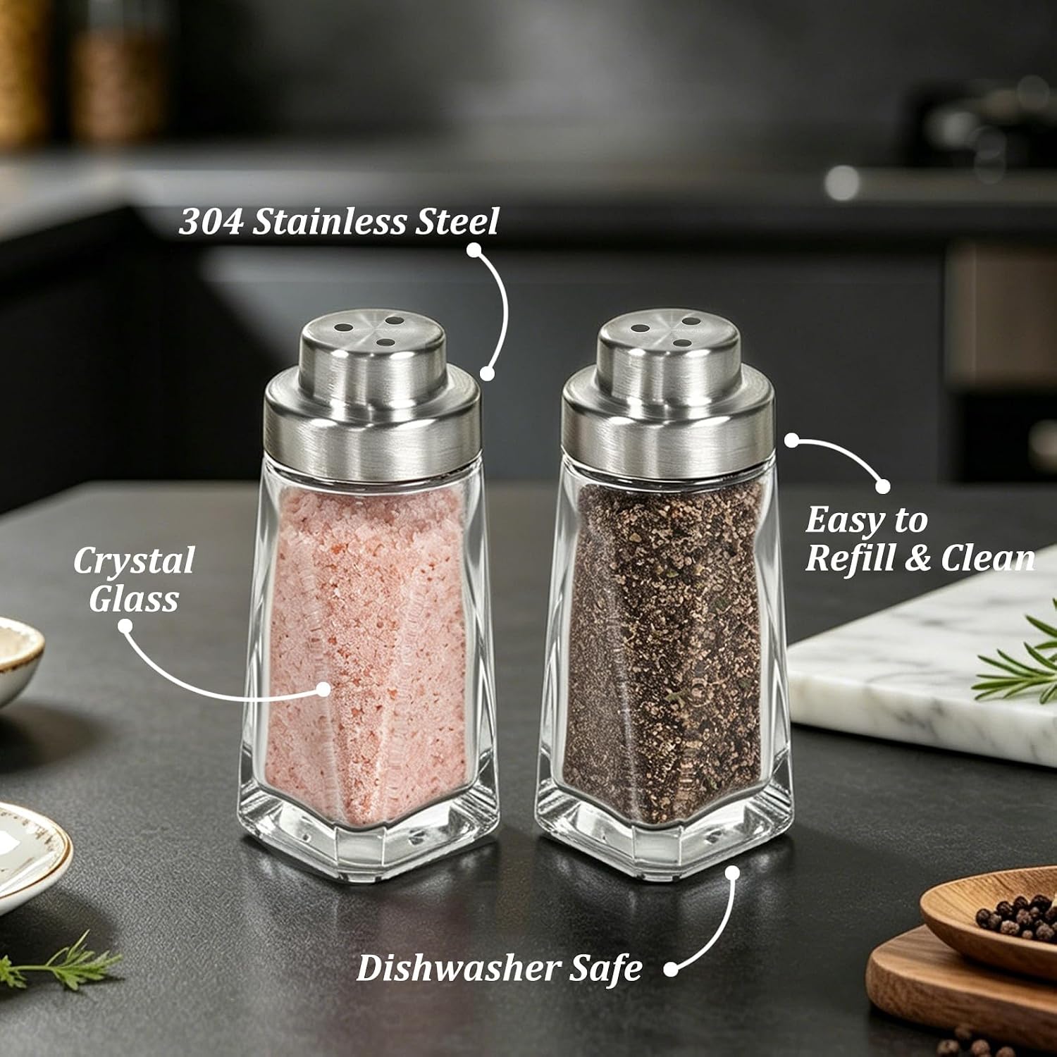 Aelga Glass Salt and Pepper Shakers Set - Elegant Farmhouse Kitchen Decoration - Coarse image 3