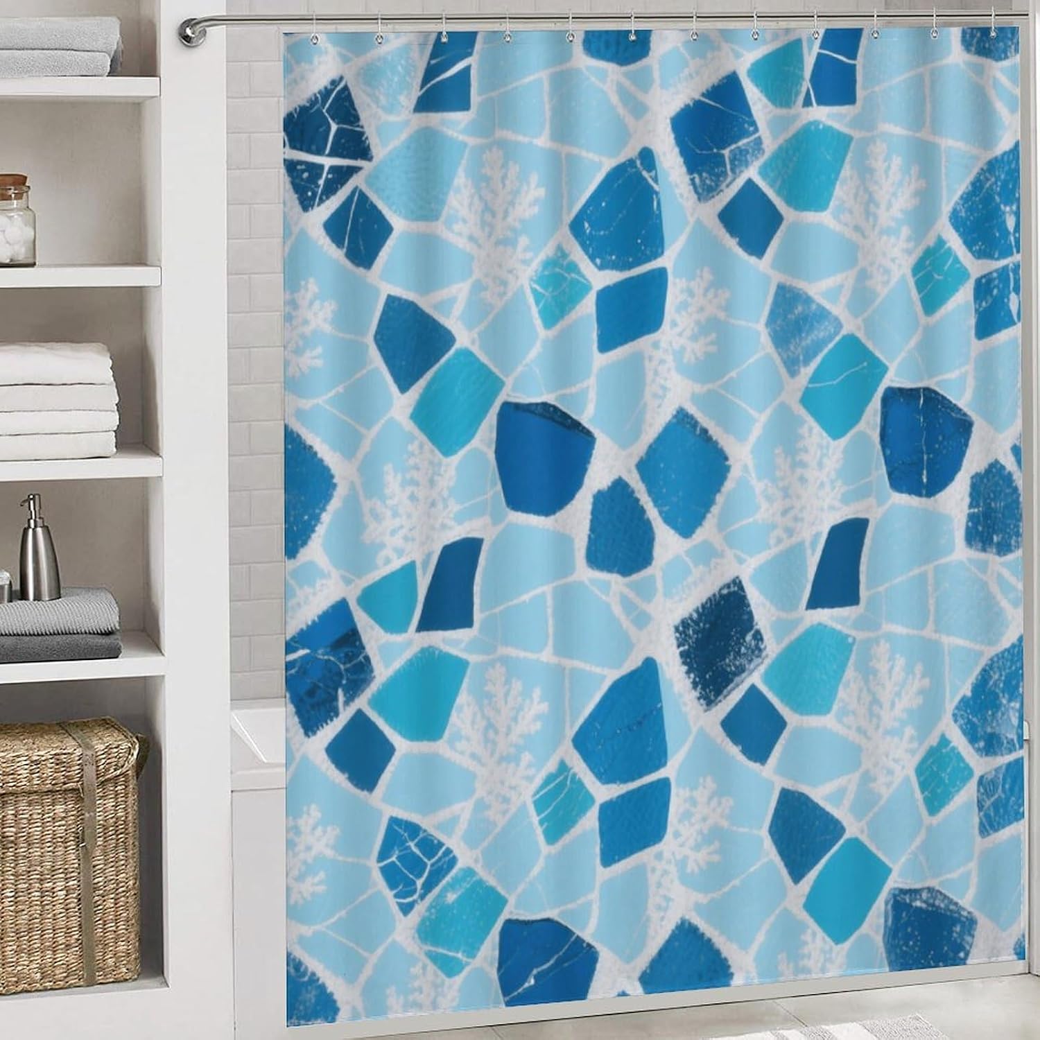 Cracked Glass Bath Rug Set 4 Piece,Bathroom Accessories Set-Toilet Rugs U Shaped,Toilet Lid Cover,Shower Curtain and Rugs,Ultra Soft, Absorbent,Home Decor