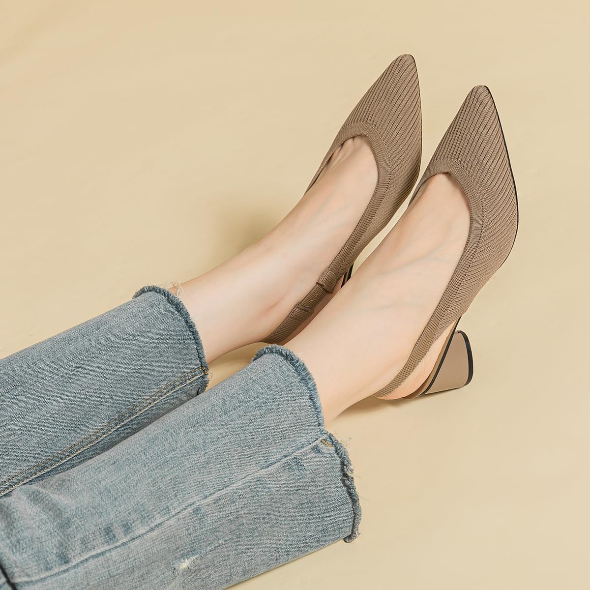 Women's Slingback Knitted Pointed Toe Pumps Comfortable Elastic Band Chunky Heels Pumps