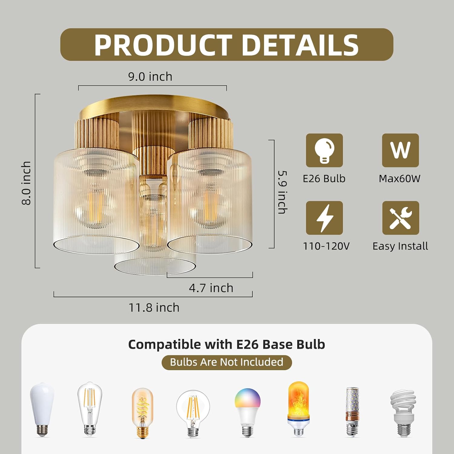 3-Lights Semi Flush Mount Ceiling Light Fixture, Gold Modern Close to Ceiling Light for Kitchen, Foyer, Entryway, Hallway, Dining Room, Amber Gradient Glass Shade with Solid Wood