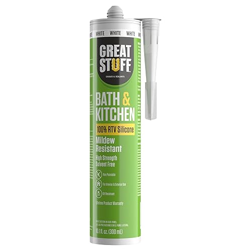 Great Stuff Calafateo de silicona 100% – Calafateo de baño, sellador de silicona RTV blanco para baño y cocina, ducha, bañera, calafateo de bañera,