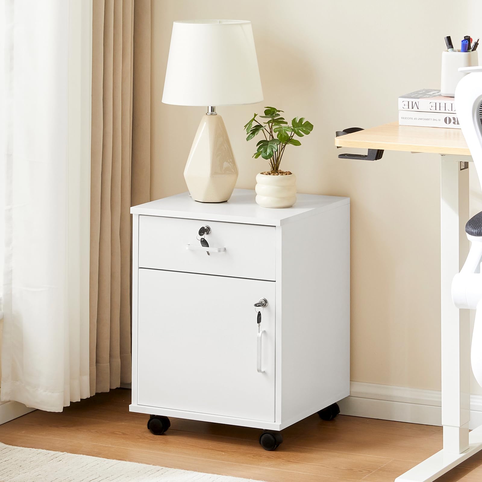 TUKAILAi Caisson de Bureau à roulettes, Meuble de Bureau à 2 tiroirs verrouillable, Caisson de Rangement Mobile, avec roulettes, pour Documents légaux Format A4 (Blanc)