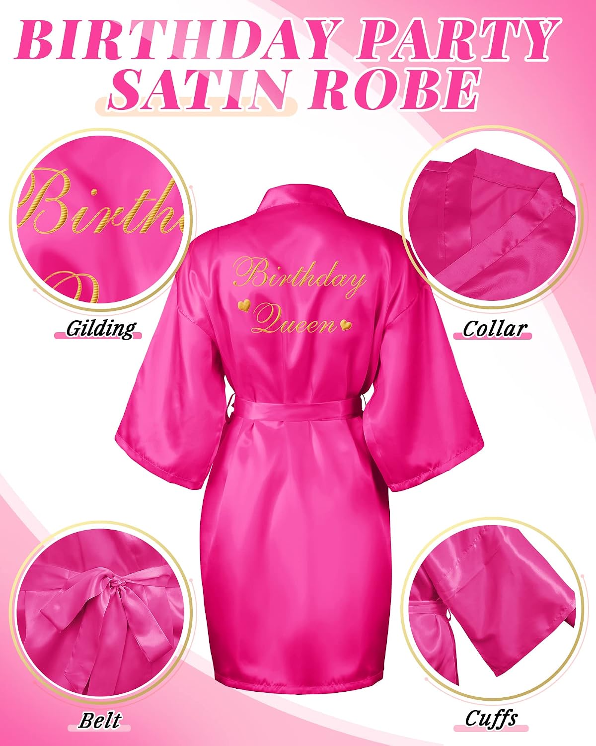 Hicarer 12 Pcs Women's Birthday Party Robes Gold Glitter Queen Squad Kimono Silky Nightgown Satin Bathrobes Dressing Gown