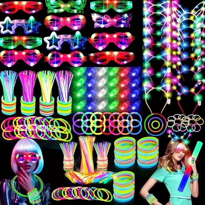 138PCS Glow in the Dark Party Supplies for Kids Adults,6pcs Luminous headband,100pcs Light stick,12pcs Party Glasses,20pcs Figher Light