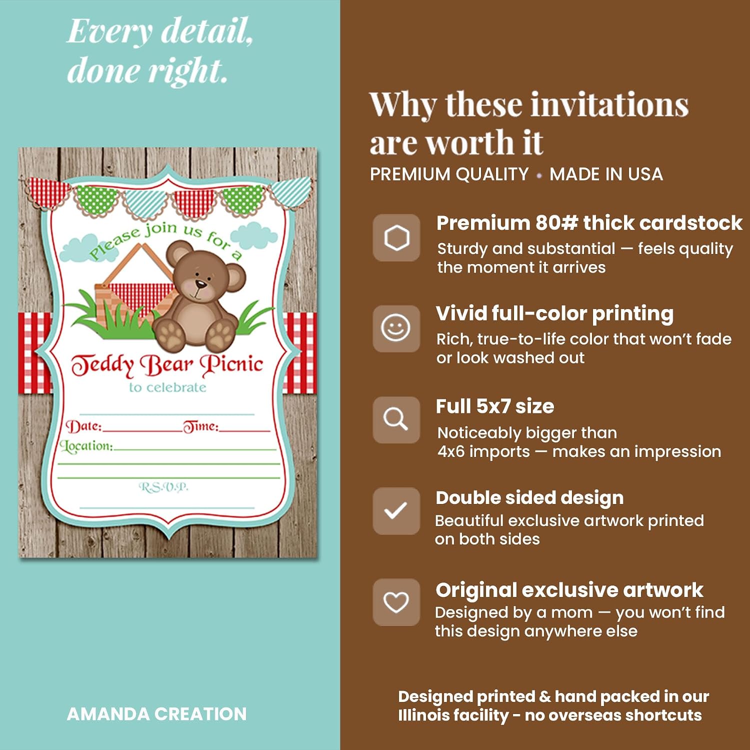 Teddy Bear Picnic Birthday Party Invitations, 20 5x7 Fill In Cards with Twenty White Envelopes by AmandaCreation