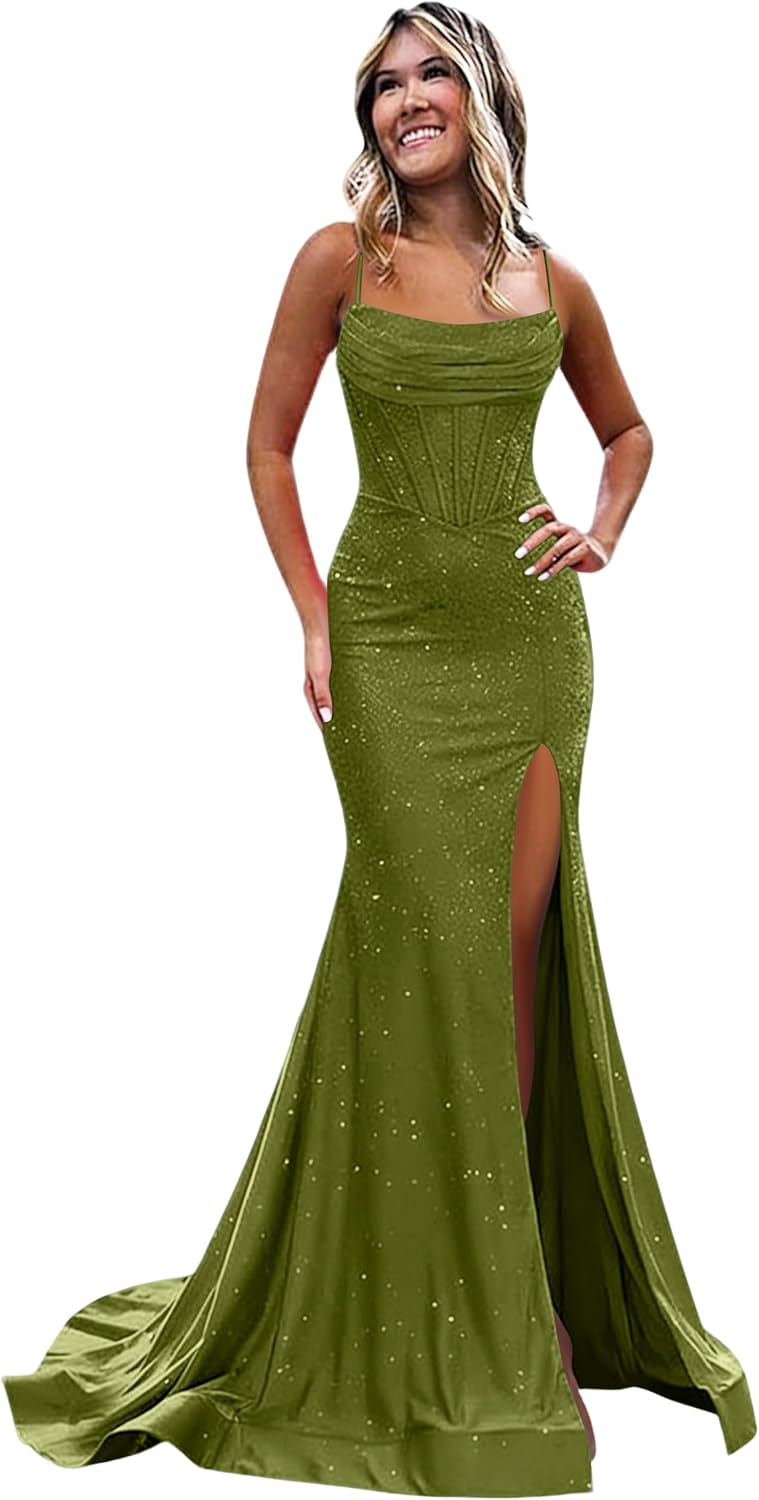 Sparkly Sequin Prom Dresses for Women with Slit Spaghetti Straps Corset Satin Mermaid Formal Evening Party Gown