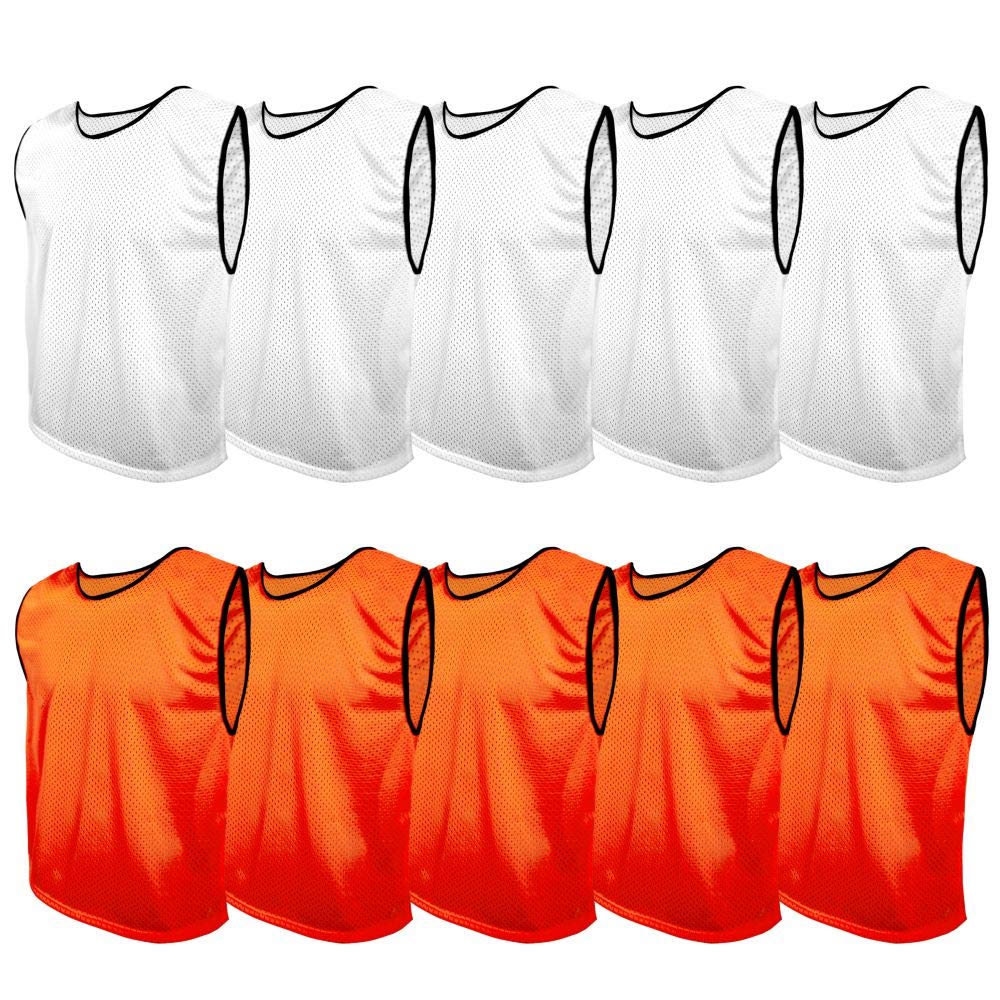 Sportsbibs Unisex 5X White + 5X Orange Training Bibs Pack Of 10 Football Vests Sports Practice Pinnies Soccer Rugby