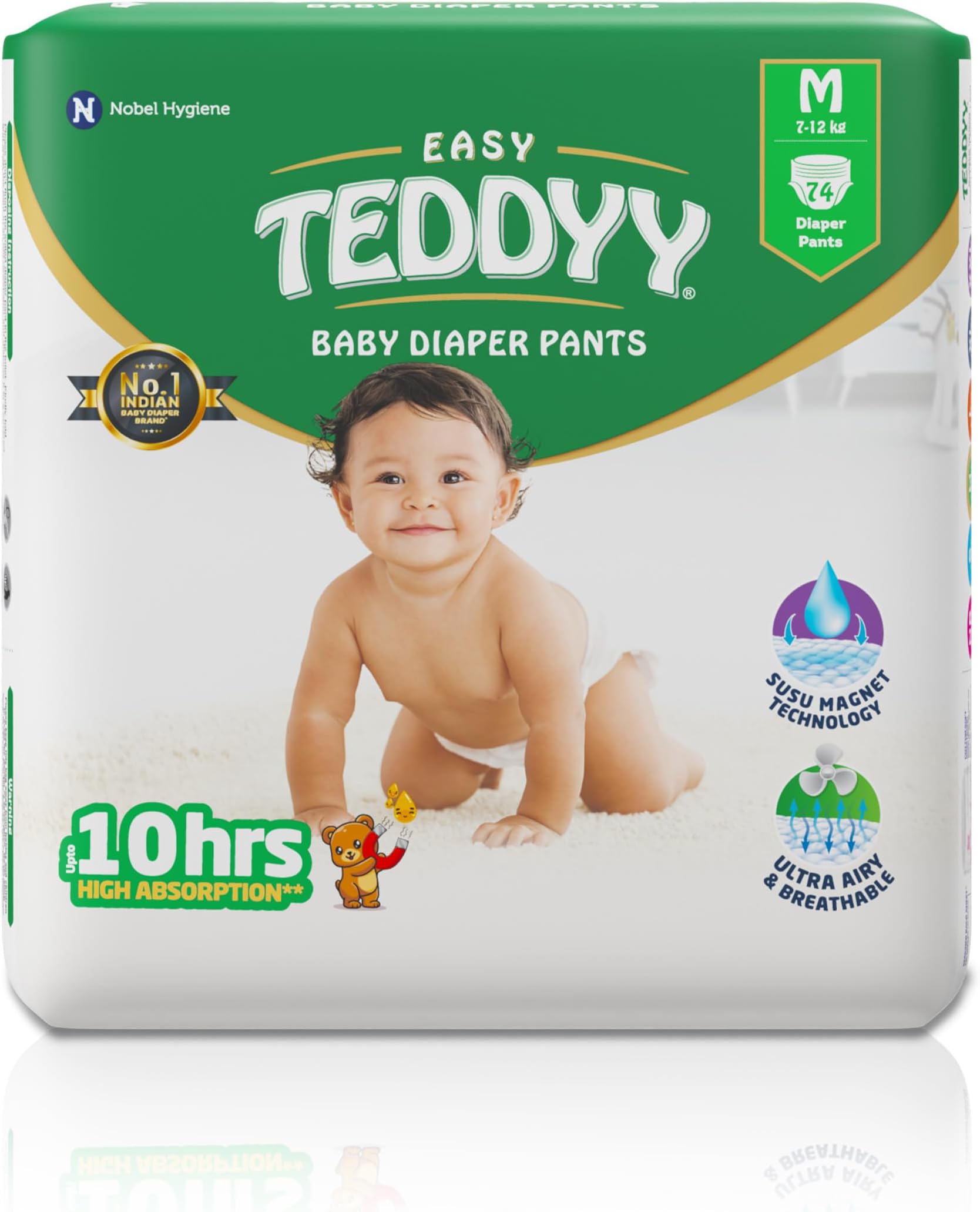 TEDDYY Easy Baby M Size Diaper Pant Style | 74 Count (Medium) | 7–12 kg (Pack of 1) | Long Protection Hours | Anti-Bacterial | Airy Breathable Fit | Rapid Soaker Channels with Wetness Indicator