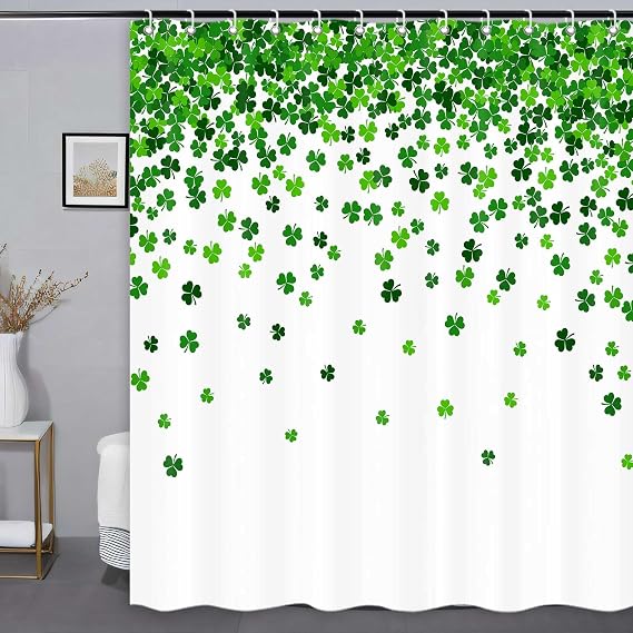 St. Patrick's Day Shower Curtain, Green Clover Shamrock Leaf Decor Fabric Shower Curtains, Irish Green White Bathroom Shower Curtain Set with Hooks 72 x 72 Inches