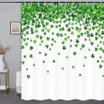 St. Patrick's Day Shower Curtain, Green Clover Shamrock Leaf Decor Fabric Shower Curtains, Irish Green White Bathroom Shower Curtain Set with Hooks 72 x 72 Inches